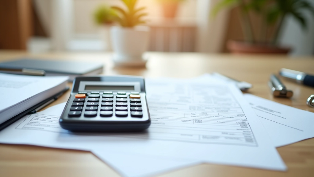 Calculadora moderna sobre documentos de impuestos y contrato inmobiliario en escritorio profesional