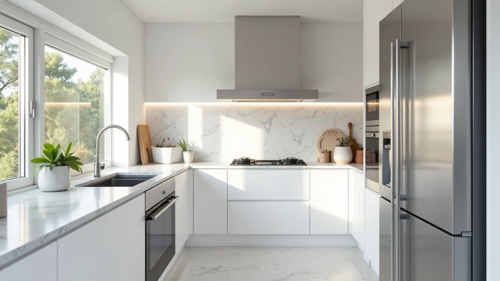 Cocina moderna con electrodomésticos integrados y mostrador de mármol