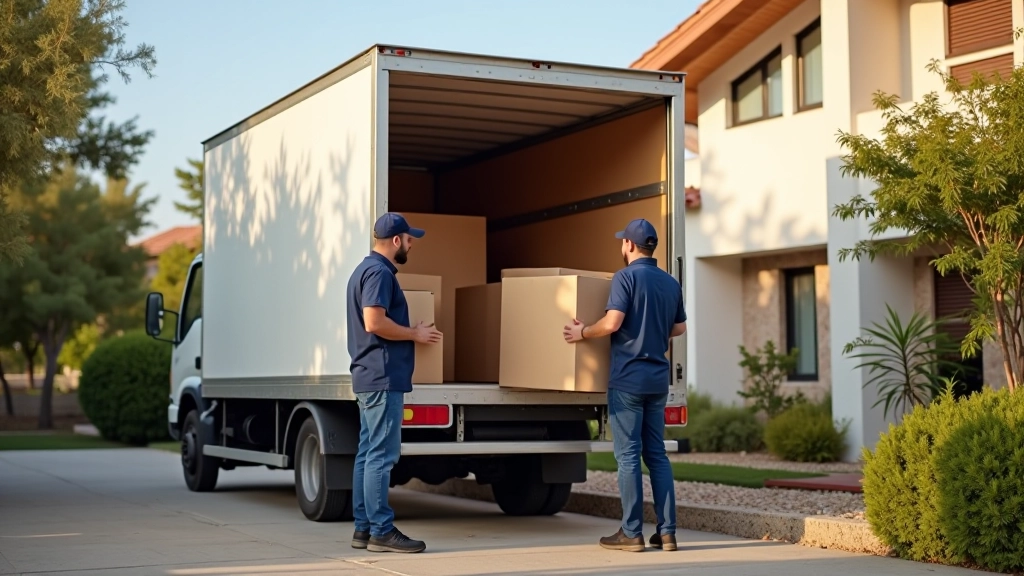 Camión de mudanza profesional descargando cajas en puerta de vivienda nueva