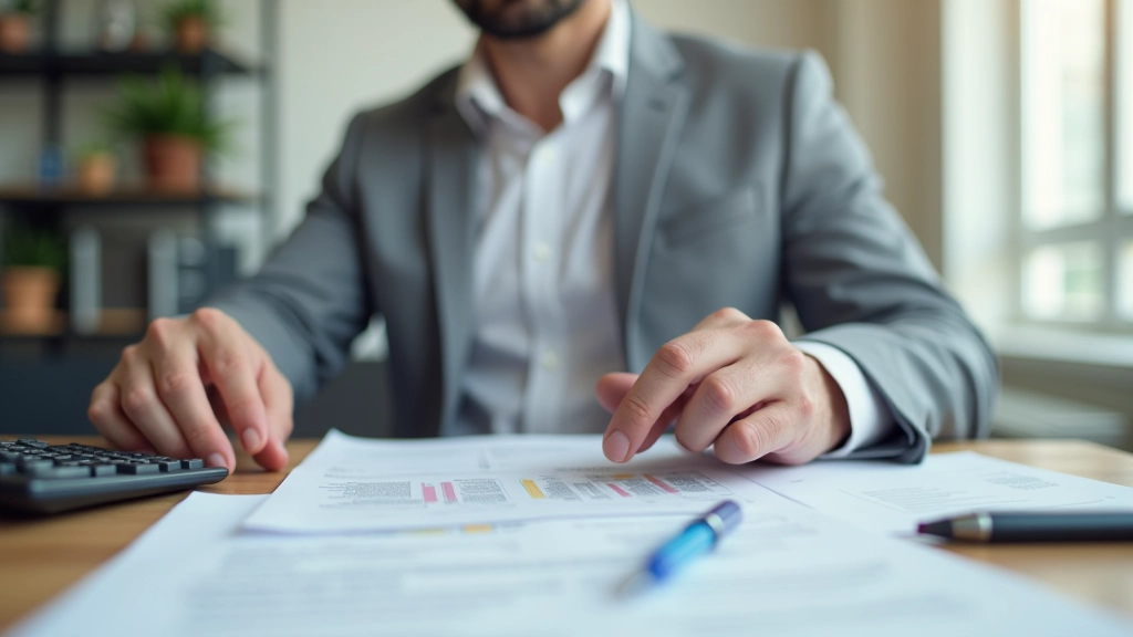 Persona usando calculadora para calcular gastos de compra de vivienda, documentos fiscales sobre escritorio