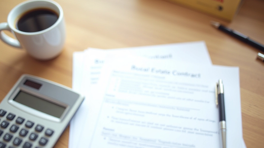 Documento de contrato inmobiliario con calculadora y pluma sobre escritorio de madera