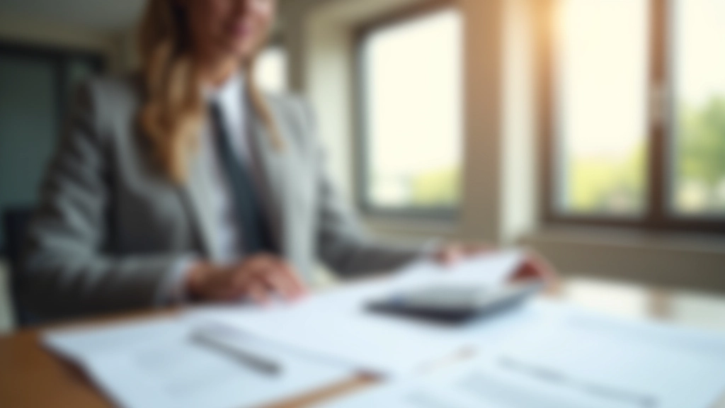 Oficina profesional de asesoría inmobiliaria con documentos y calculadora