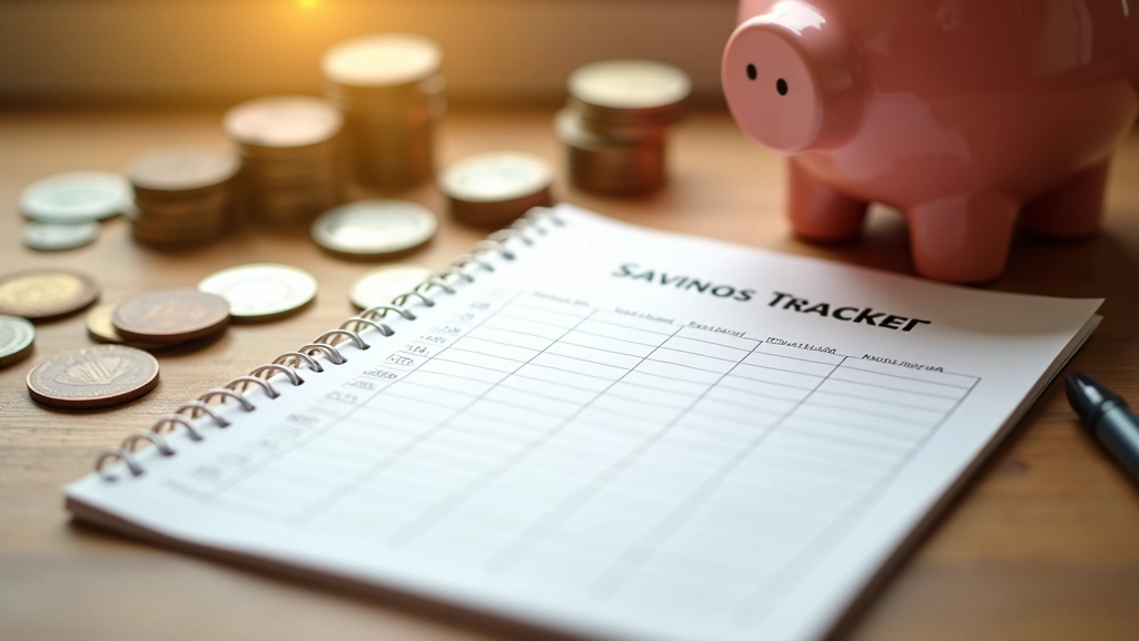 Gráfico de ahorro mensual en cuaderno junto a monedas y billetes