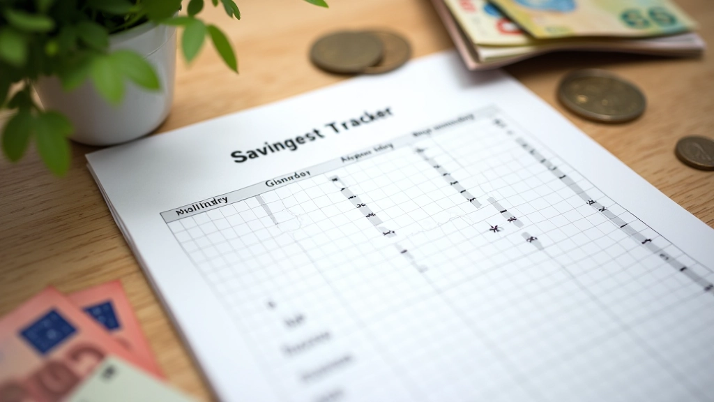 Gráfico de ahorro mensual en cuaderno con monedas españolas
