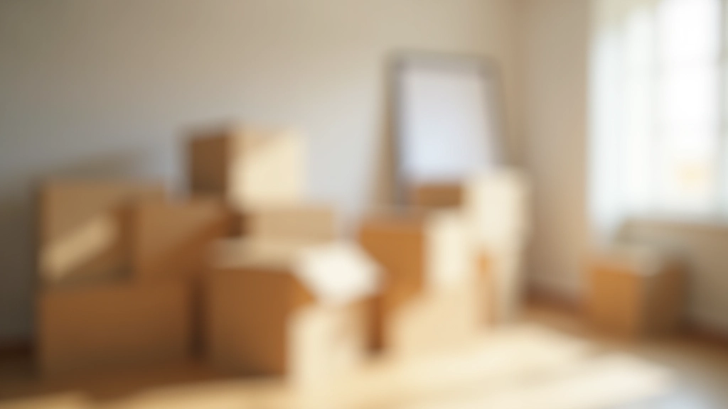 Cajas de mudanza apiladas en habitación vacía con lista de verificación de presupuesto