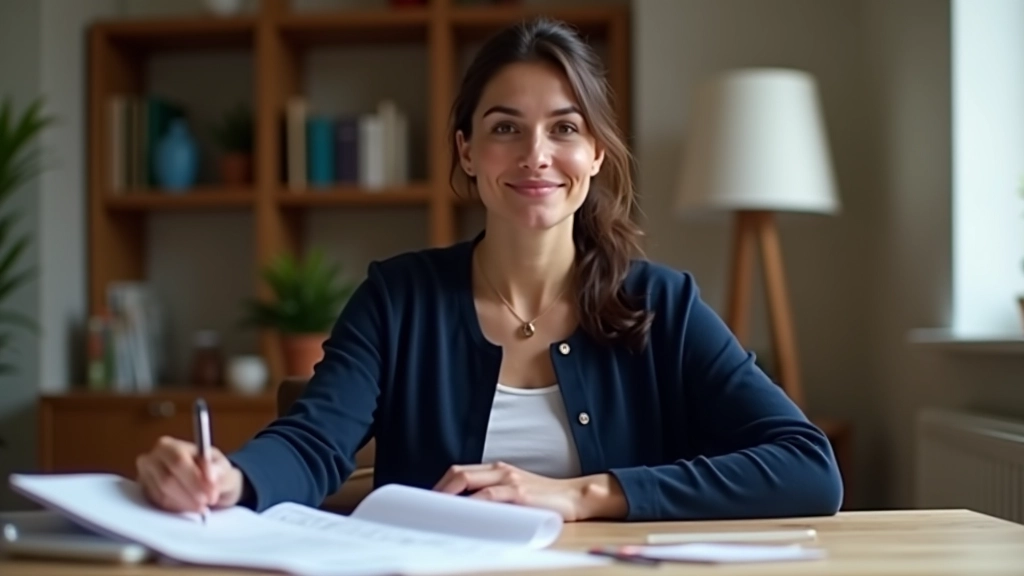 María en su escritorio rodeada de documentos de análisis inmobiliario, gráficos de impuestos por región, y notas sobre planificación financiera de compra de vivienda